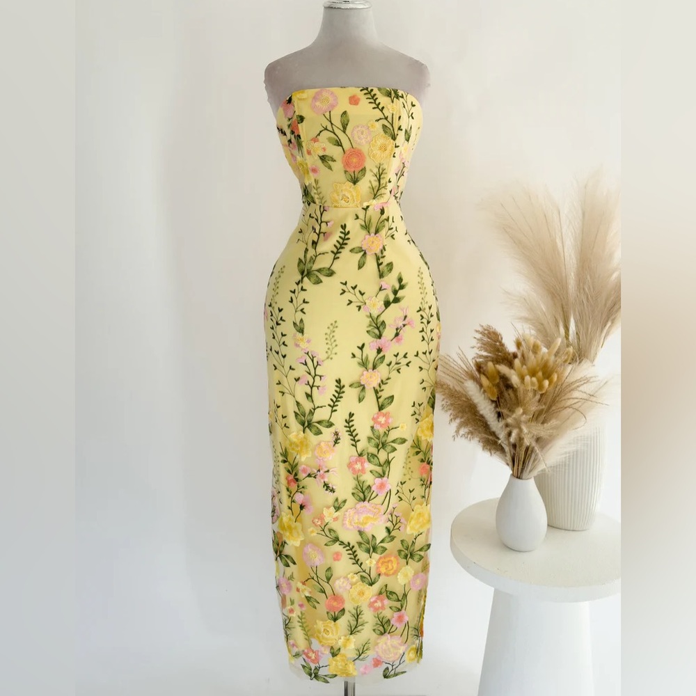 Floral Strapless Yellow Maxi Dress